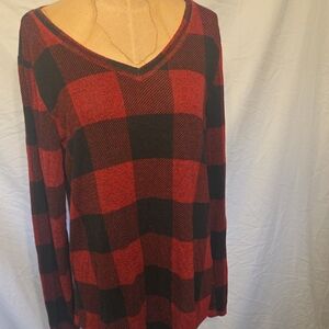 Red and Black Plaid V-Neck Sweater